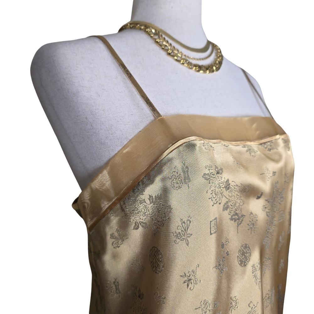 Vintage Y2K Slip Dress SZ M/L Gold Satin Asian Prom Fairy Floral Jacquard Whismy - Picture 11 of 16